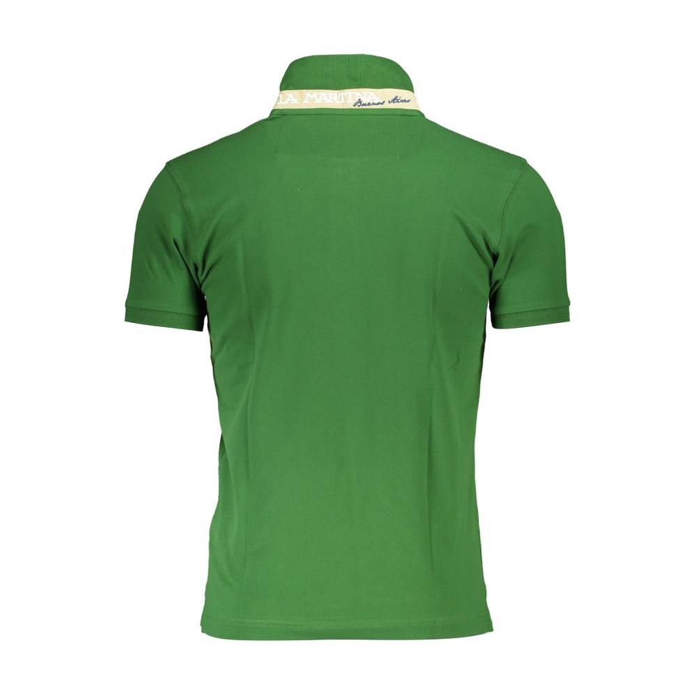 La Martina sleek green slim fit polo with contrast collar detail, short sleeves, and premium embroidery, back view.