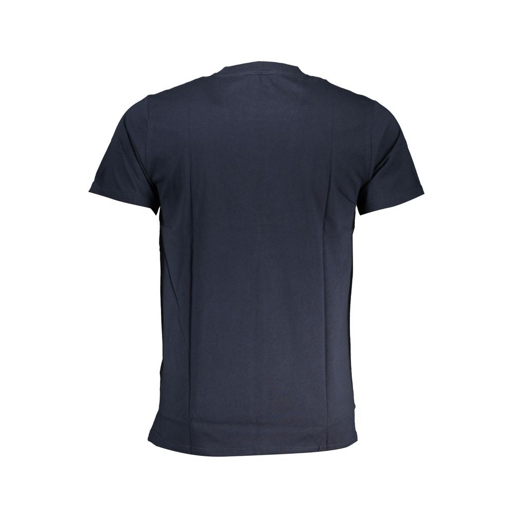 Back view of Cavalli Class blue cotton short-sleeved T-shirt with crew neck and logo print.