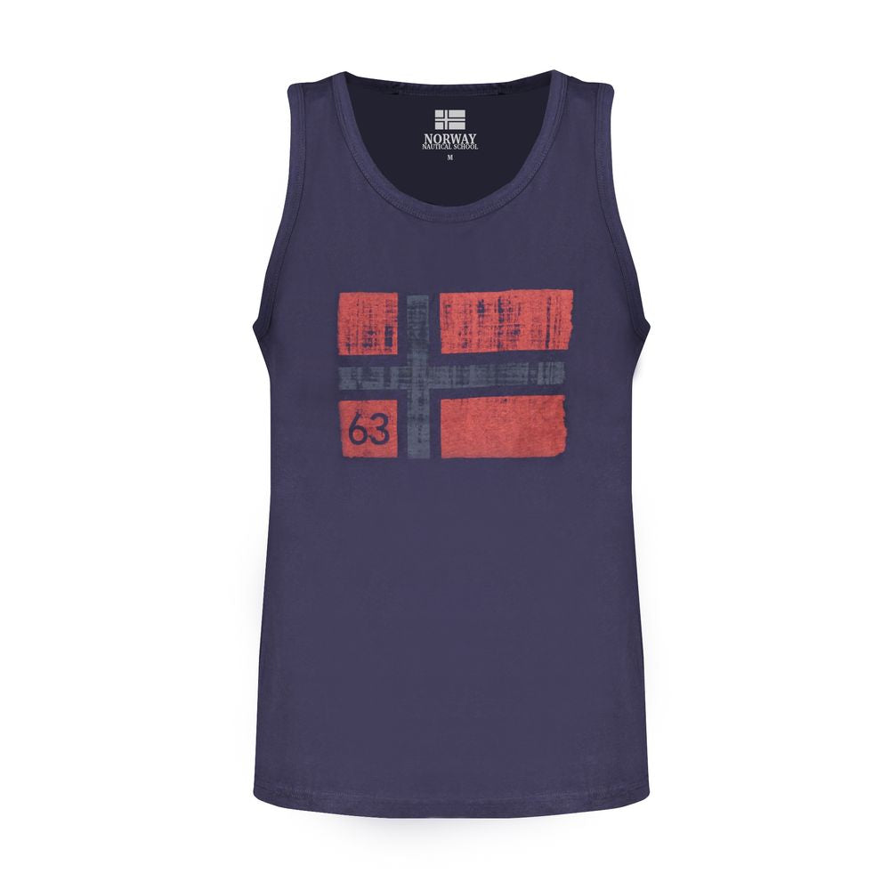 Norway 1963 blue cotton tank top with wide shoulders and crew neck, featuring a printed logo and flag design on the front.