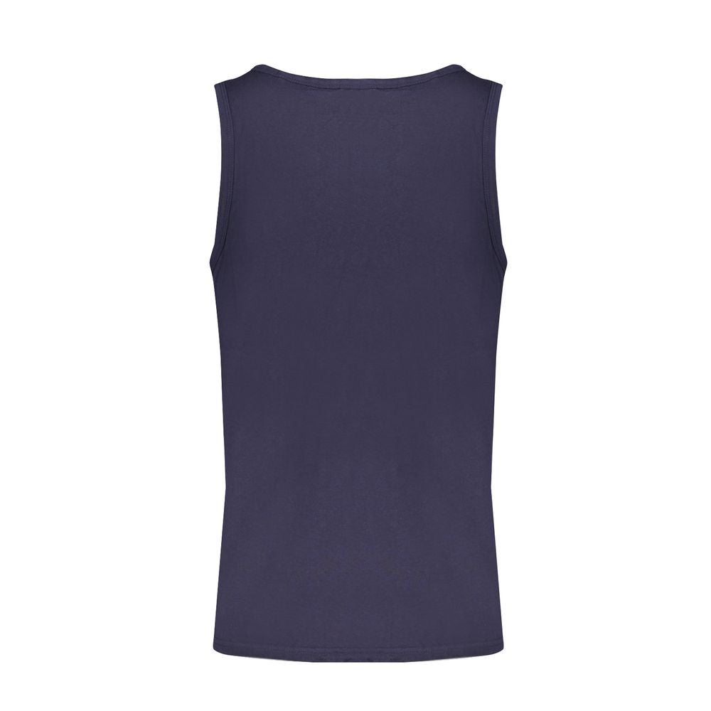 Norway 1963 Blue cotton shirt tank top with wide shoulders and crew neck, featuring a stylish print and logo design.