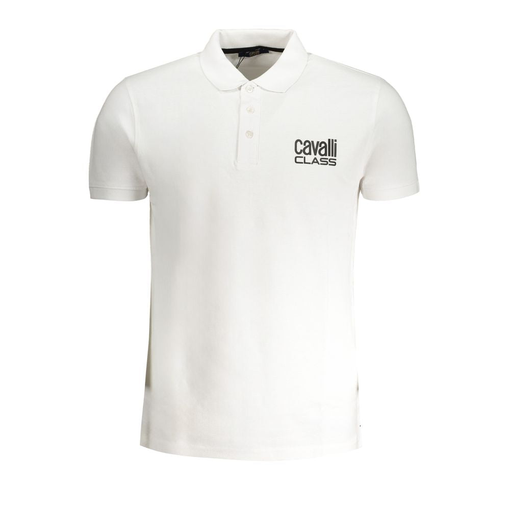 Cavalli Class white cotton polo shirt with short sleeves, buttons, and logo print.