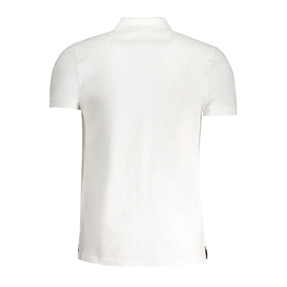Back view of Cavalli Class white cotton polo shirt, featuring short sleeves, buttons, and printed logo.