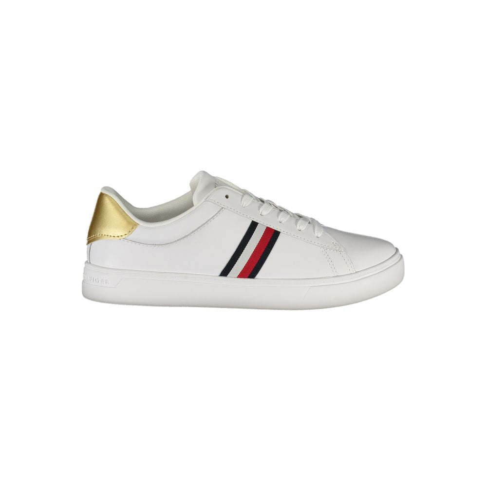 Tommy Hilfiger white leather women's sneaker with gold detail and logo stripes, featuring a removable insole for comfort.