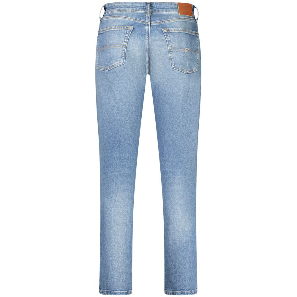 Back view of Tommy Hilfiger blue cotton slim men jeans with iconic logo, featuring a stylish washed effect and classic silhouette.