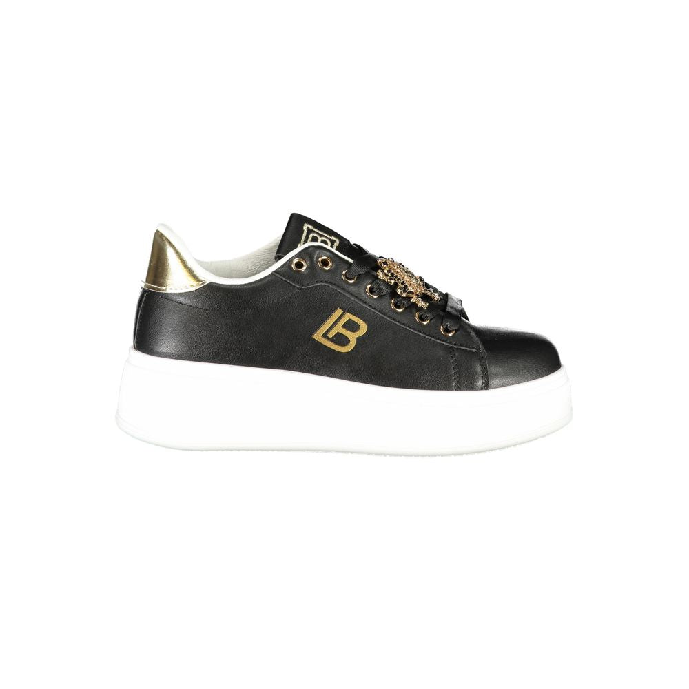 Laura Biagiotti Black Synthetic Women's Sneaker with rhinestones, gold accents, and a 4 cm wedge.