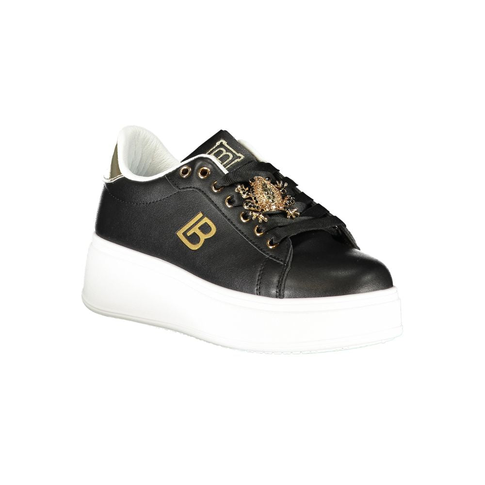 Laura Biagiotti black sneaker with wedge heel and rhinestone details, synthetic leather women's shoe, athletic and elegant style.