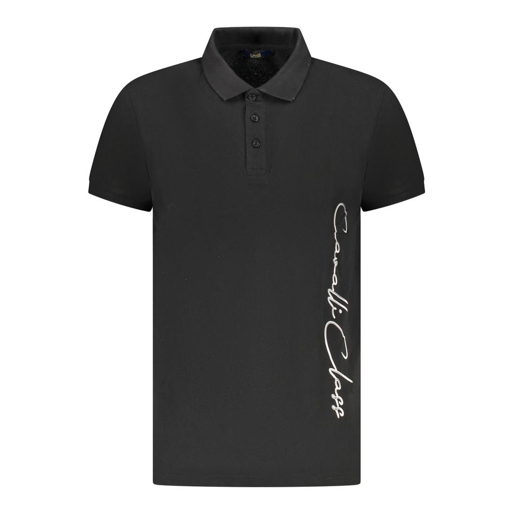 Cavalli Class Black Cotton Men Polo Shirt with logo, short sleeves, and three-button placket, luxury casual fashion.