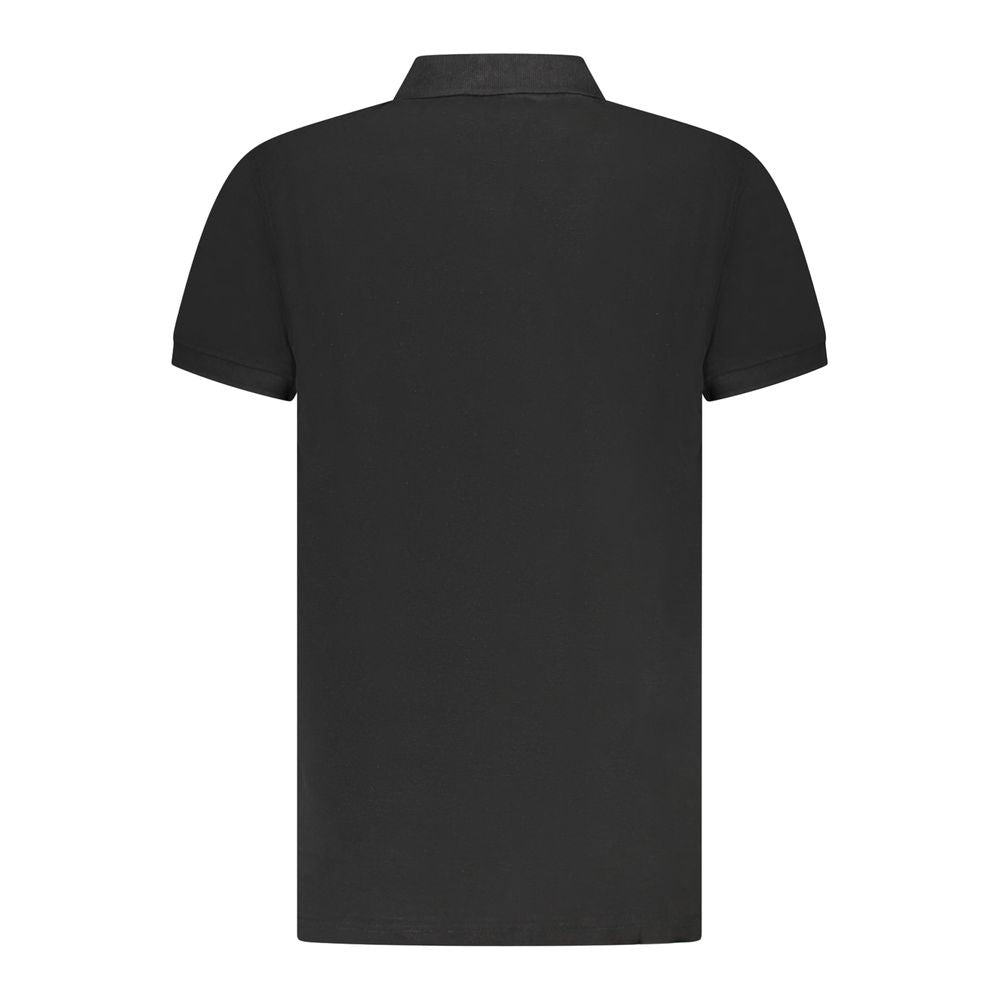 Back view of Cavalli Class black cotton men's polo shirt with short sleeves and classic collar, featuring an iconic logo design.