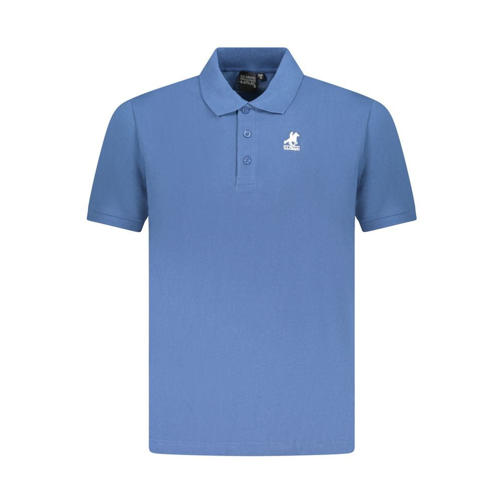 U.S. Grand Polo blue cotton men's polo shirt with embroidery logo, short sleeves, and three-button placket.