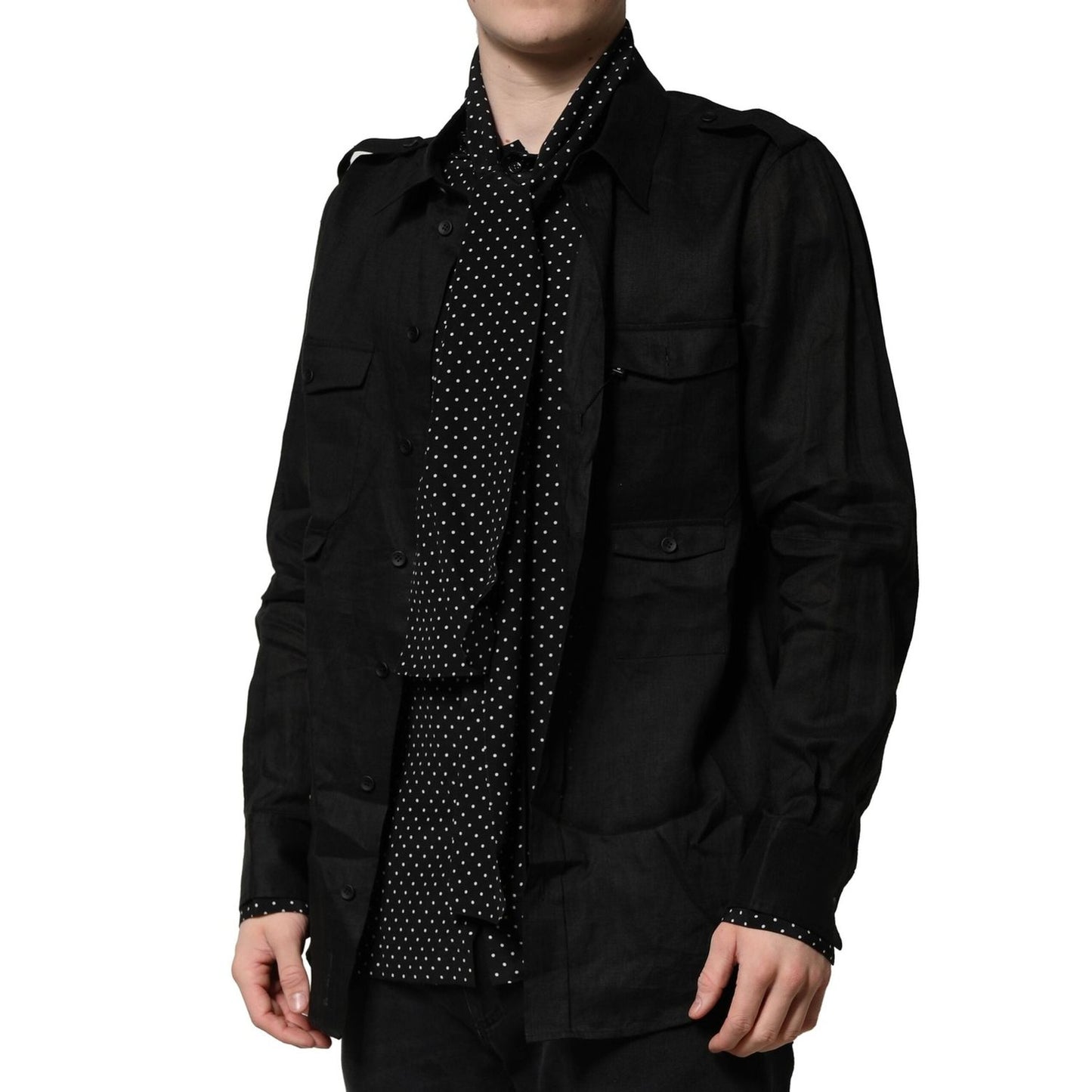 Dolce & Gabbana Black Polka Dot Collar Tie Neck Casual Shirt TSH90709-37