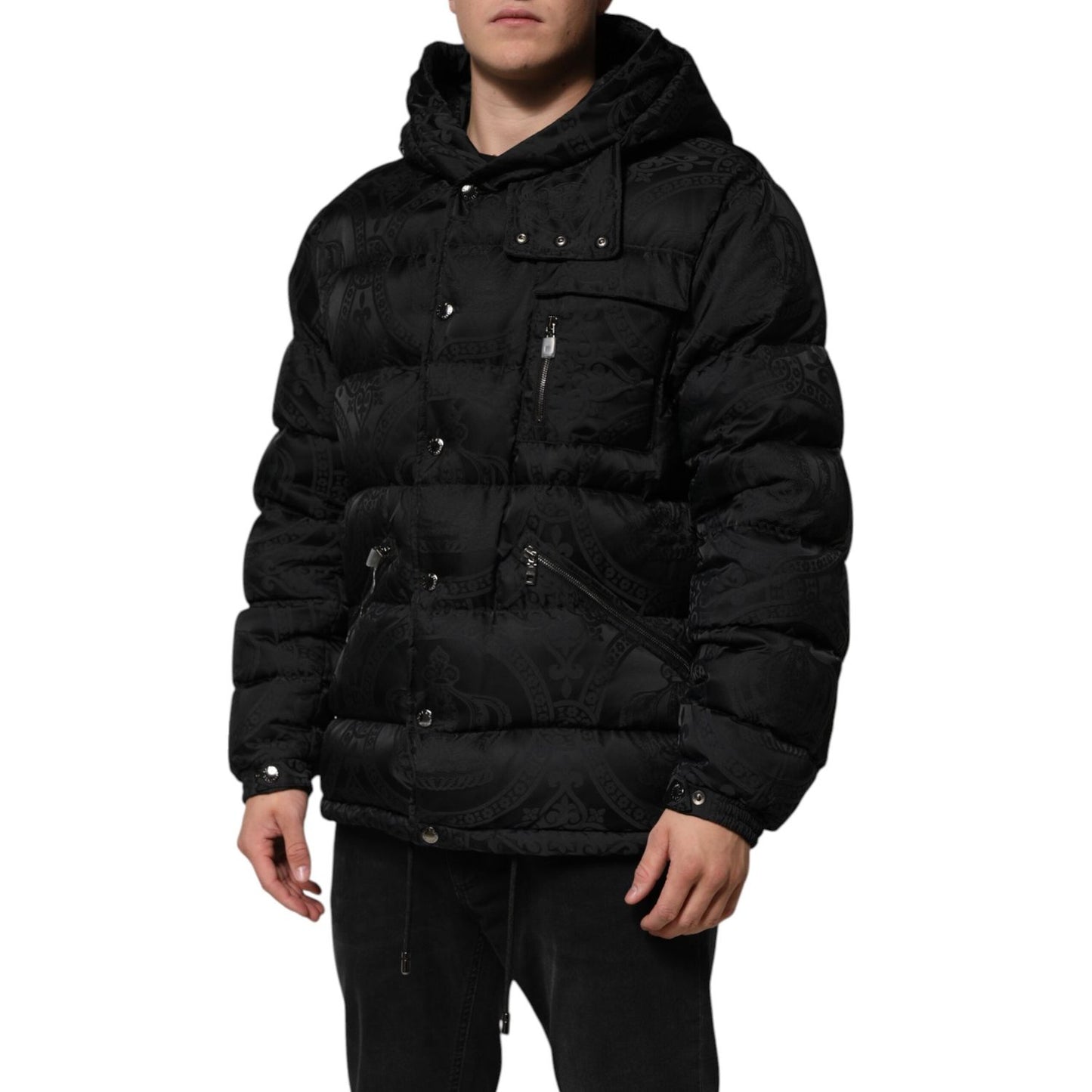 Dolce & Gabbana Black Jacquard Quilted Puffer Hooded Jacket JKT41526-48