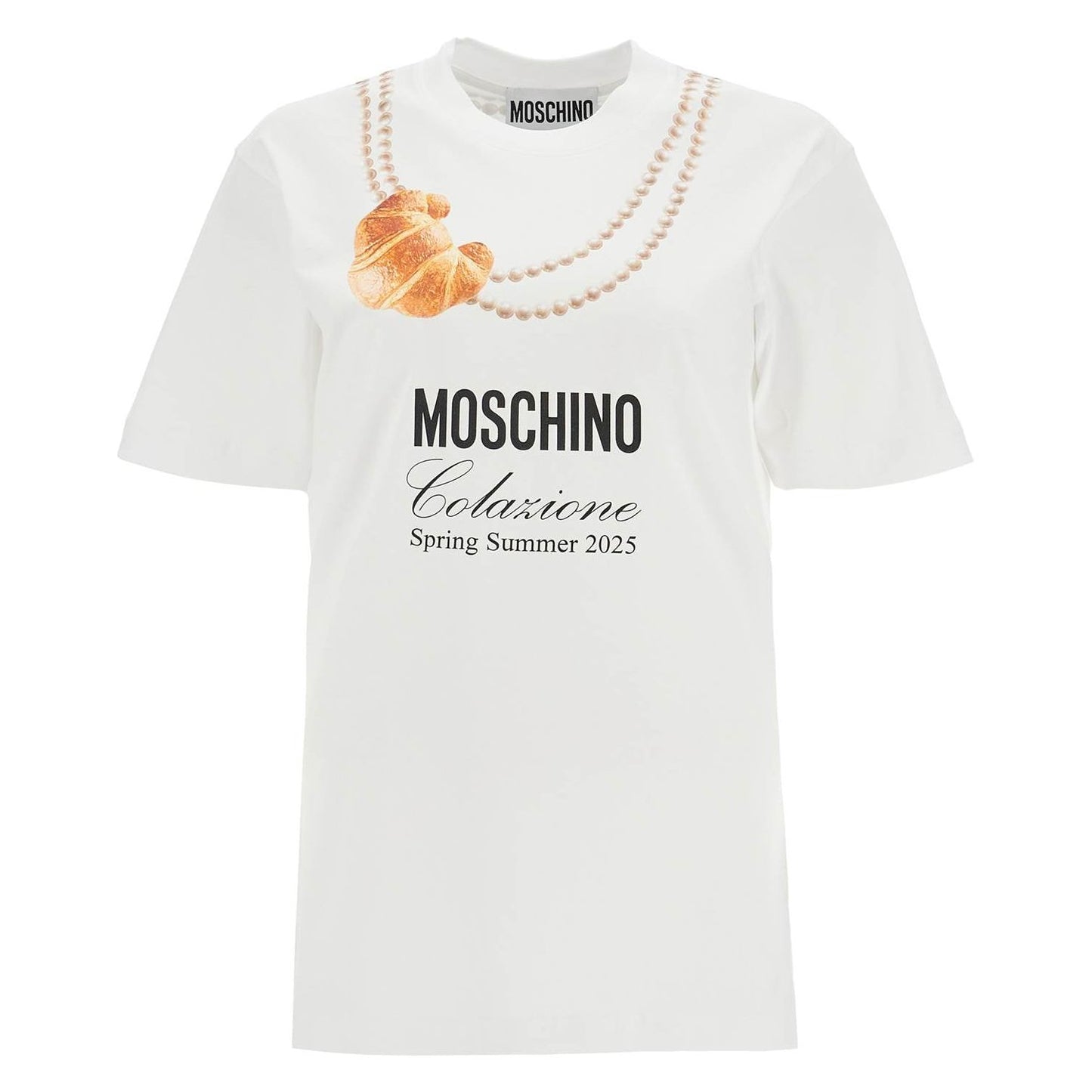 Moschino white cotton t-shirt with croissant and pearls print Topwear Moschino Beige