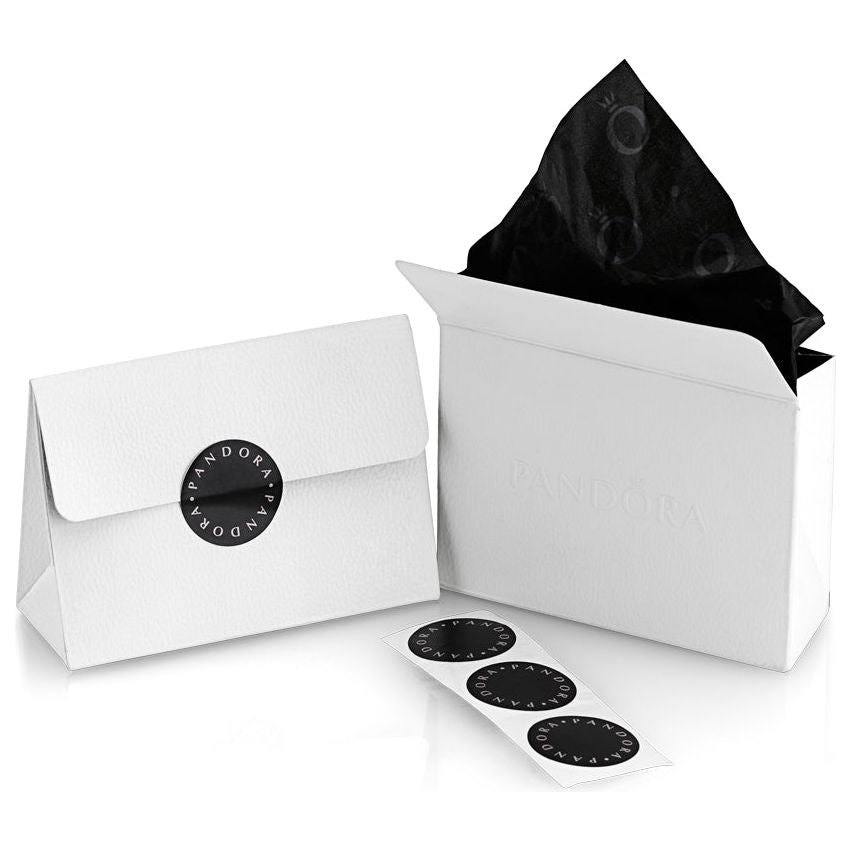 PANDORA jewelry packaging with two white boxes and logo stickers, showcasing elegant and branded product presentation.