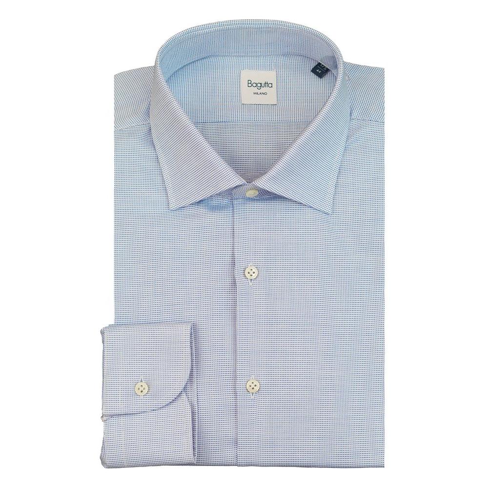 Bagutta blue cotton men's shirt, slim fit with French collar and mother-of-pearl buttons, ideal for elegant warm weather style.