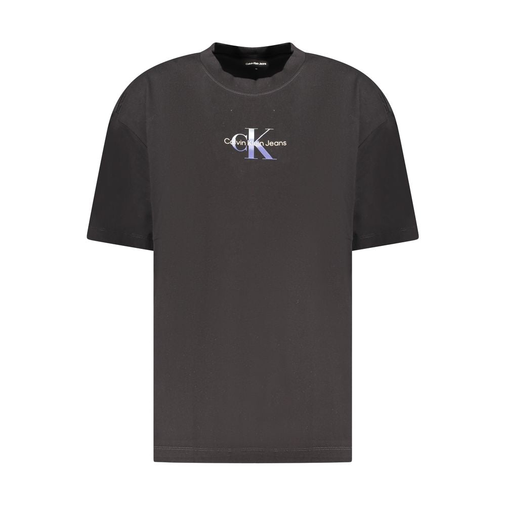 Calvin Klein black cotton women's T-shirt with iridescent logo print, crew neck, and short sleeves.