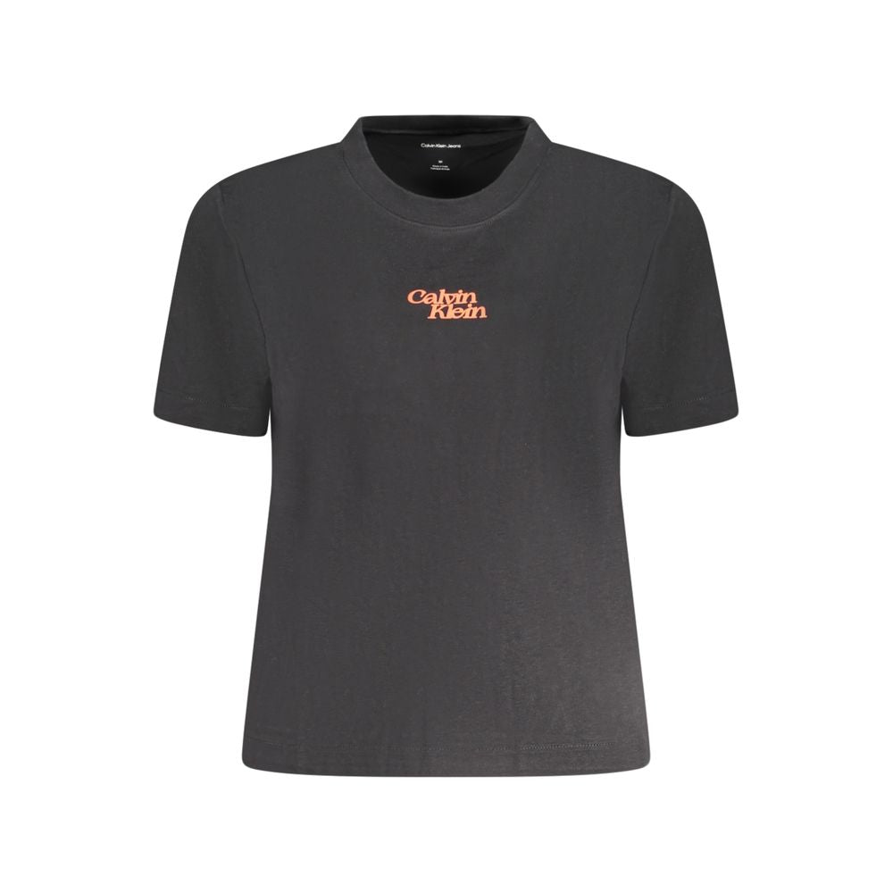 Calvin Klein black cotton women's T-shirt with crew neck and logo, chic short sleeve design for modern fashion. Perfect wardrobe staple.