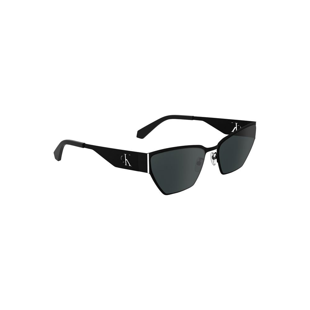 Calvin Klein black metal sunglasses with sleek design and CK logo on temples, featuring dark lenses for stylish sun protection.