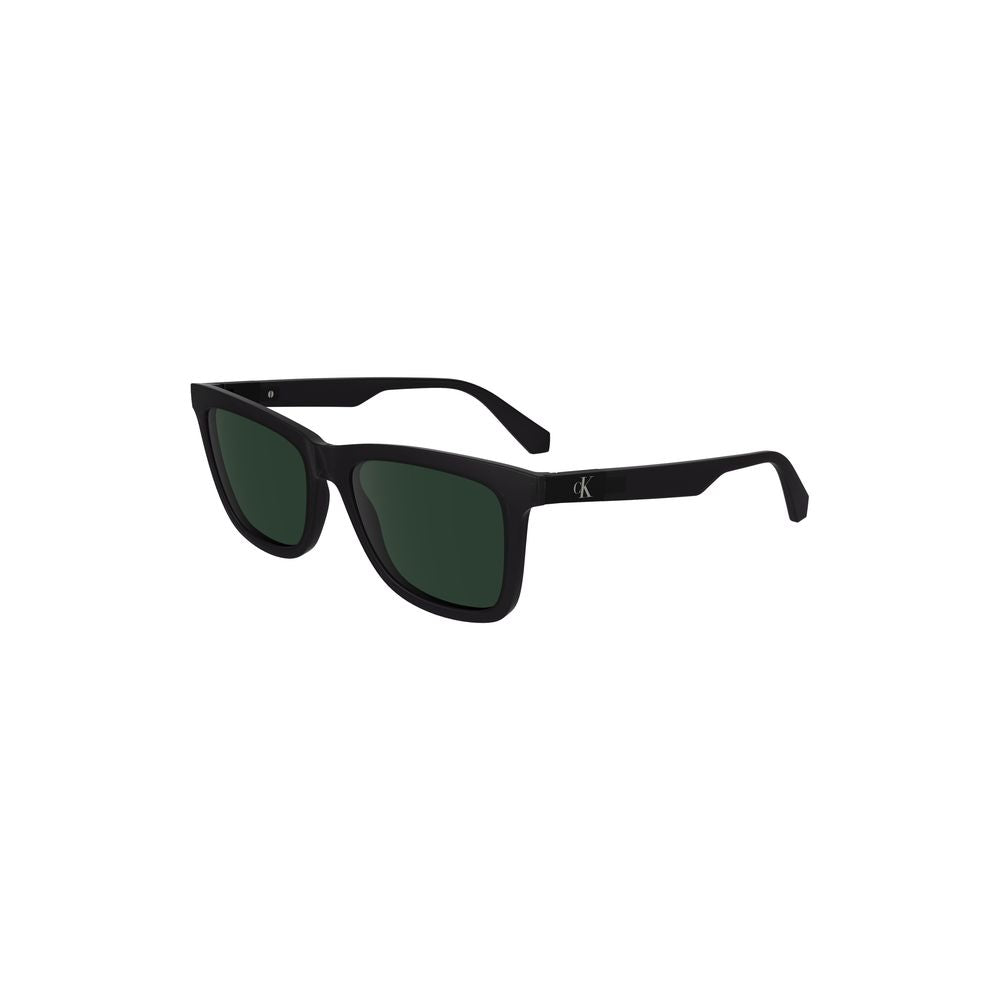 Calvin Klein black plastic sunglasses with square lenses, 54mm width, featuring logo on temples.