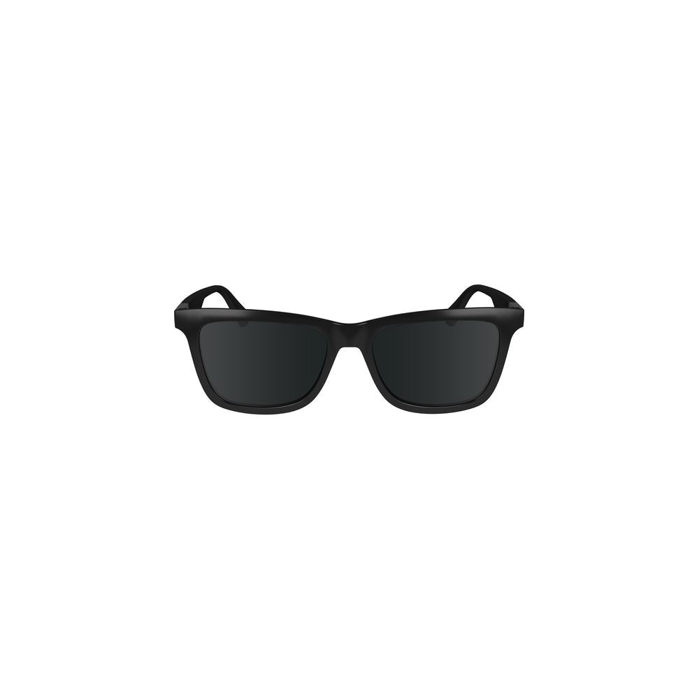 Calvin Klein black plastic sunglasses with square black lenses, injected plastic frame, and logo detail. Lens width: 54mm, Bridge: 17mm.