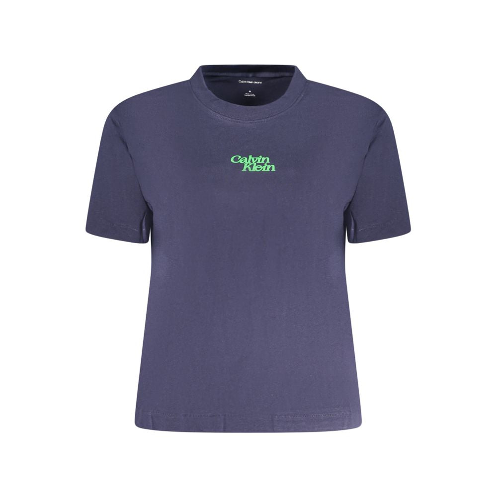 Calvin Klein blue cotton women's T-shirt with short sleeves and crew neck, featuring bold print and logo on the front.