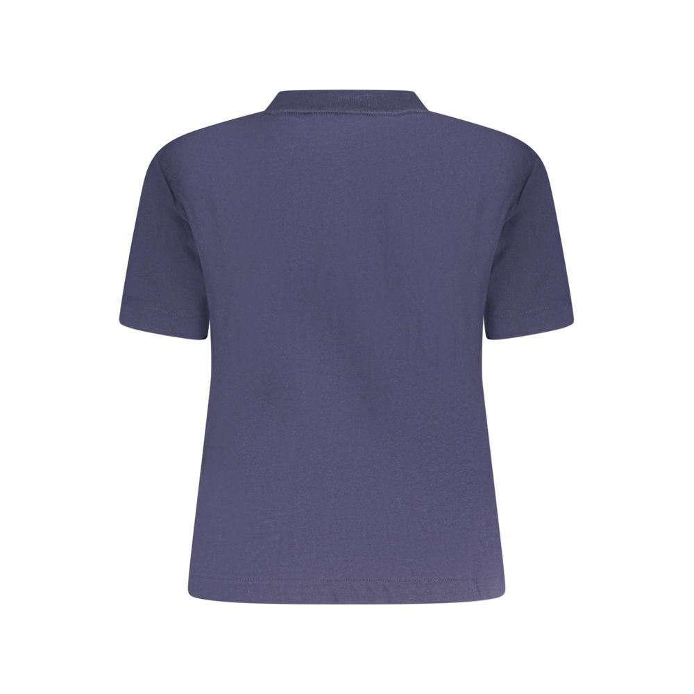 Back view of Calvin Klein blue cotton women’s T-shirt with short sleeves and crew neck, featuring a stylish cut for casual wear.