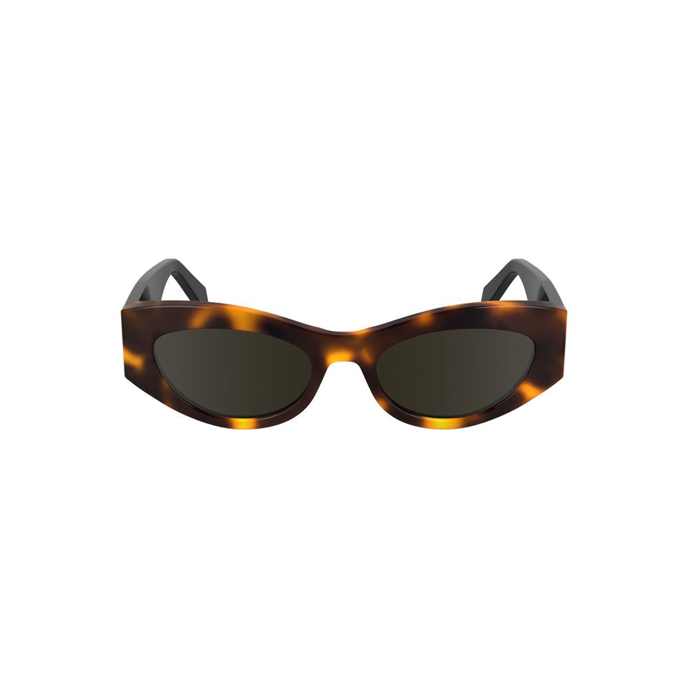 Calvin Klein brown acetate cat eye sunglasses with logo, featuring sleek lenses and luxurious design for stylish women.