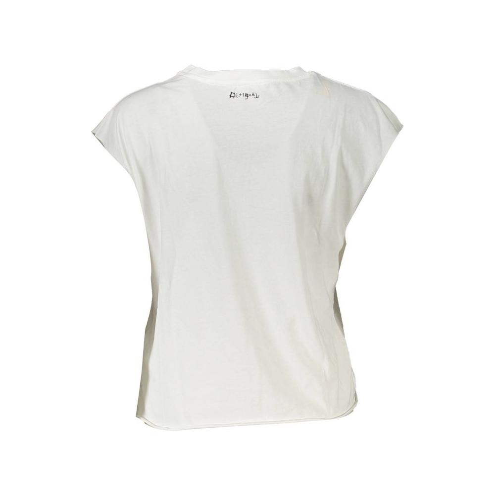 Back view of Desigual white cotton women's T-shirt showing minimalistic design and sleeveless cut for summer style.