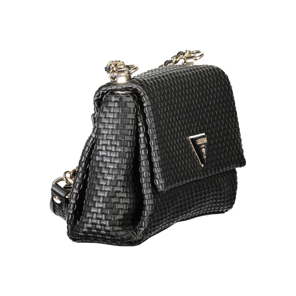 Black Guess Jeans polyethylene handbag with dual-chain shoulder handles and a textured finish, showcasing sophistication and style.