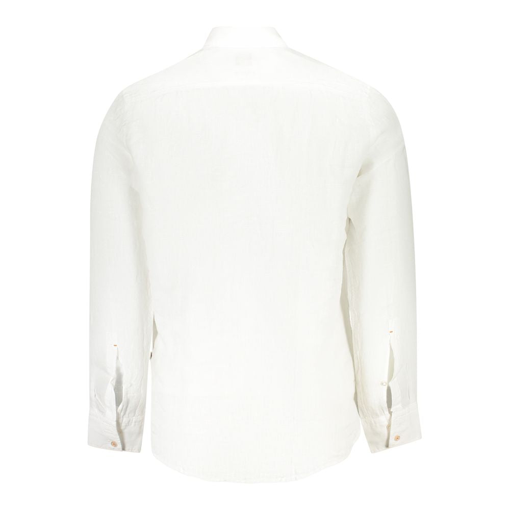 Back view of a Hugo Boss white linen men's shirt with button-down collar and 2-button cuffs, exuding timeless elegance and modern style.