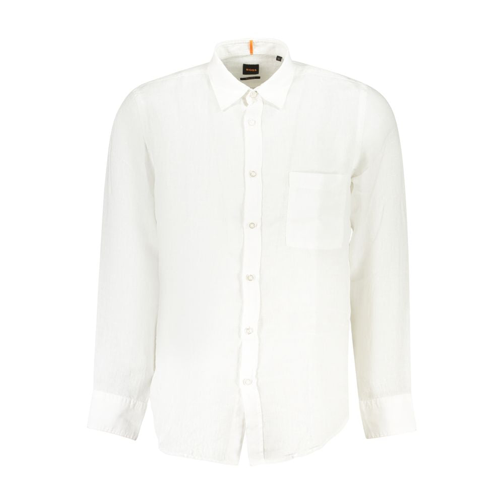 Hugo Boss white linen men’s shirt with button-down collar, showcasing classic elegance and modern style for casual and formal occasions.