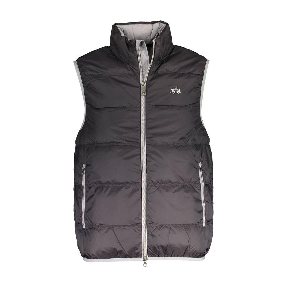 La Martina Black Polyamide Sleeveless Men's Jacket with Four Pockets, Embroidery Detail, and Zipper Closure