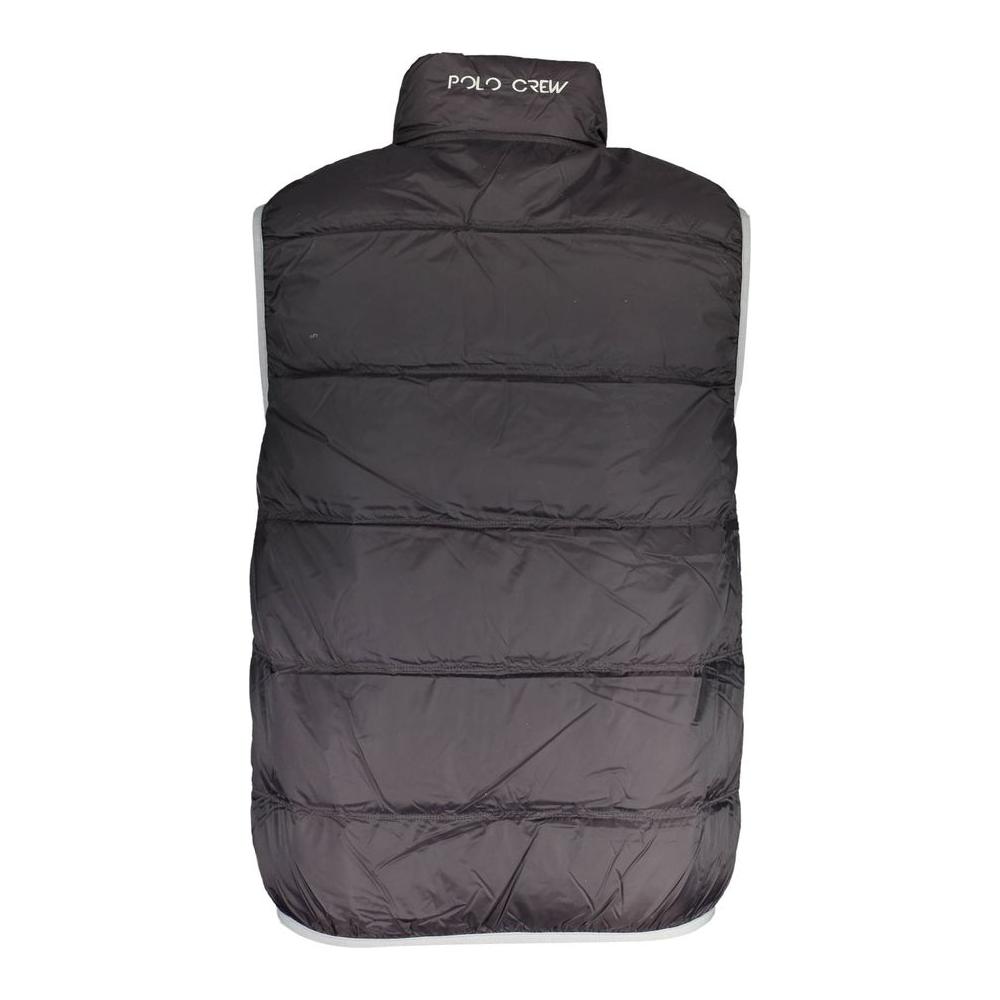 Back view of La Martina black polyamide men's sleeveless jacket with Polo Crew embroidery on collar