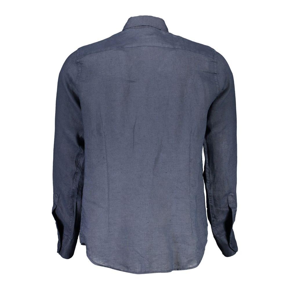 Back view of La Martina blue linen men's shirt with French collar and embroidery detail.