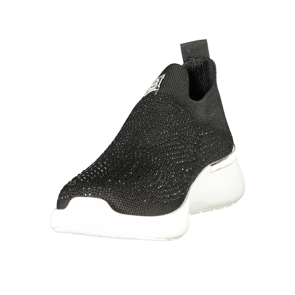 Laura Biagiotti black polyester sneaker with rhinestones and embroidery, showcasing elegant design and comfort.