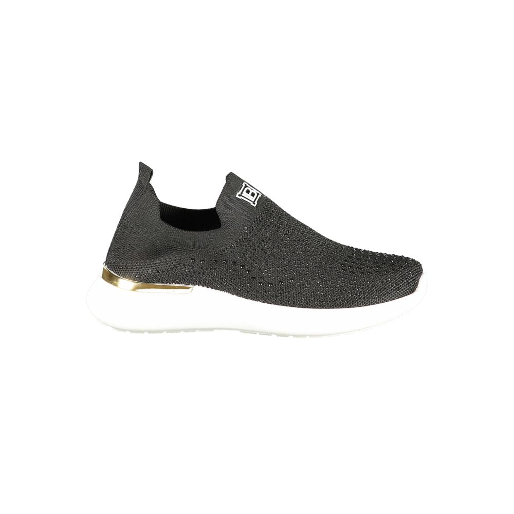 Laura Biagiotti black polyester women's sneaker with rhinestones and embroidery, side view highlighting the sleek design.
