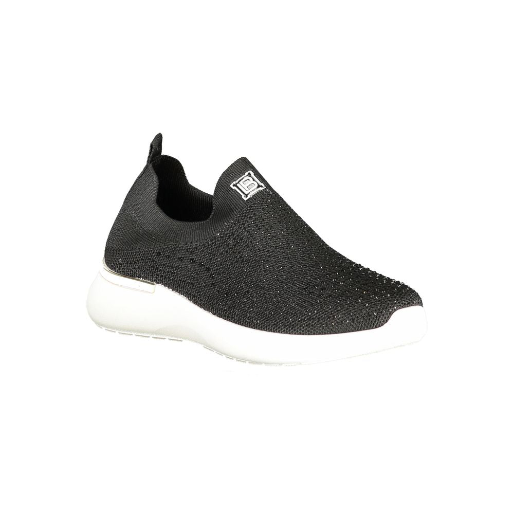 Laura Biagiotti black polyester women's sneaker with rhinestones and embroidery, showcasing elegant design and removable insole.