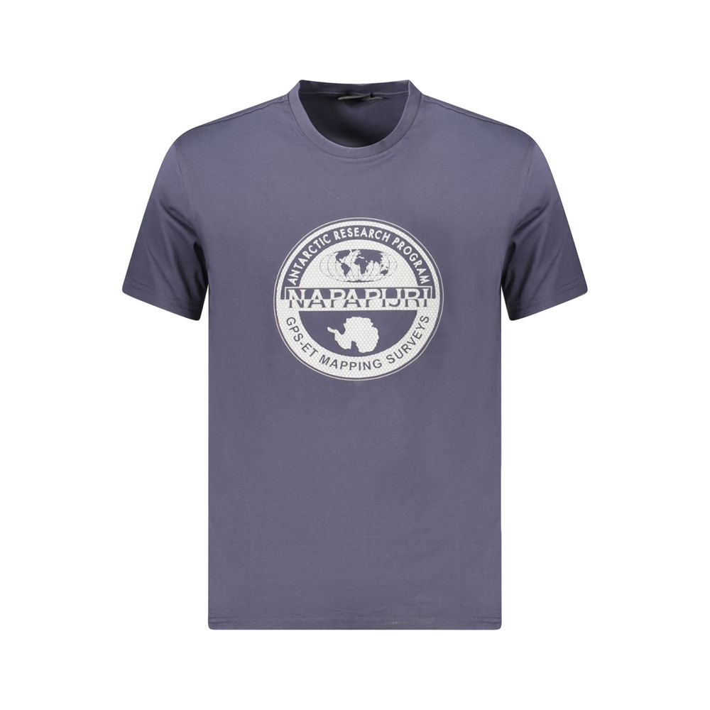 Napapijri blue cotton men's t-shirt with logo print, eco-friendly 100% organic cotton, casual crew neck short sleeve design.