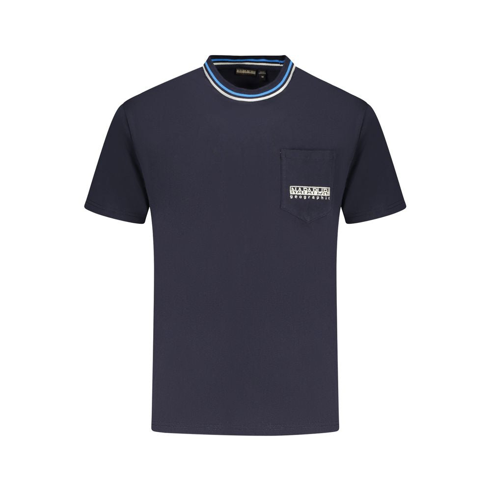 Napapijri blue cotton t-shirt, relaxed fit, short sleeves, crew neck, pocket with logo, contrasting details, organic cotton.