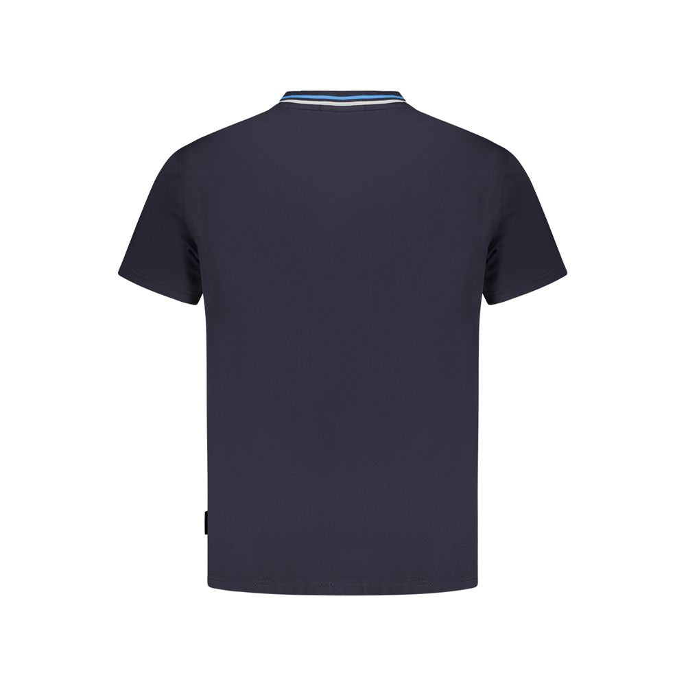 Back view of Napapijri blue cotton T-shirt, short sleeves, crew neck, with contrasting details, relaxed fit, showcasing single pocket.