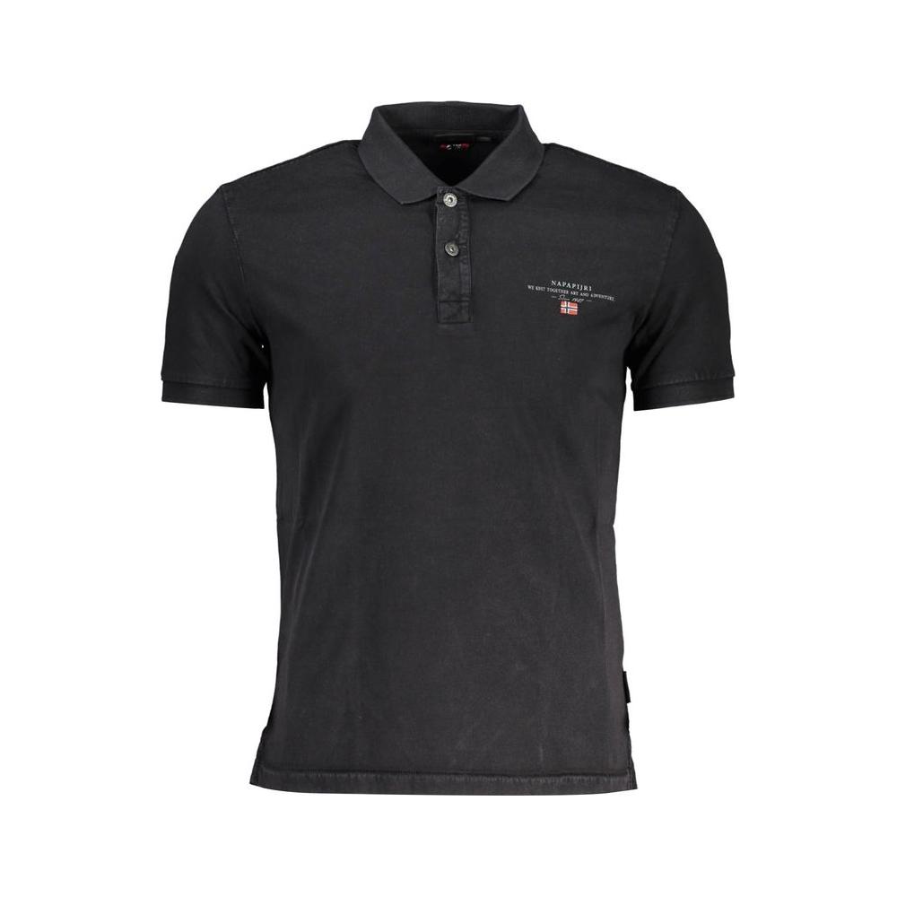 Napapijri black cotton men's polo shirt with short sleeves, iconic embroidery, and dual-button neckline, blend of style and comfort.