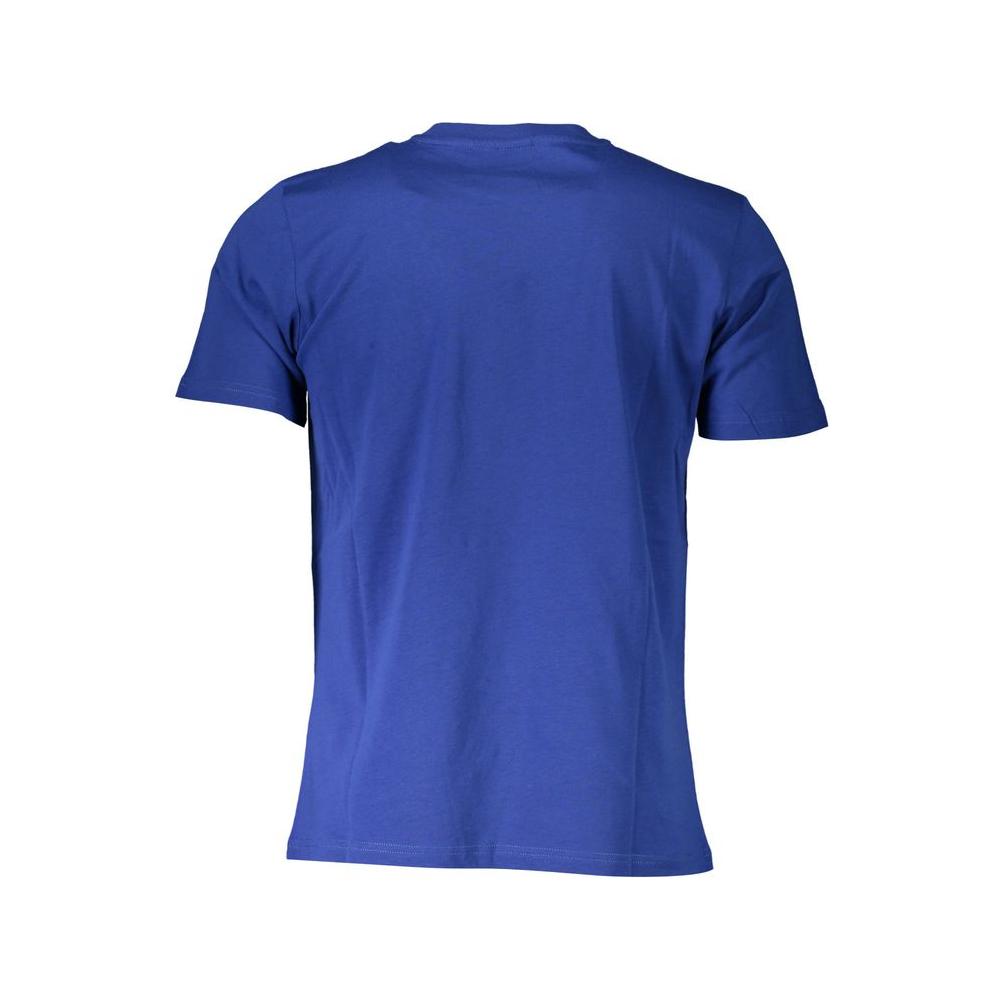 Back view of North Sails blue cotton men's T-shirt showcasing short sleeves and crew neck design.