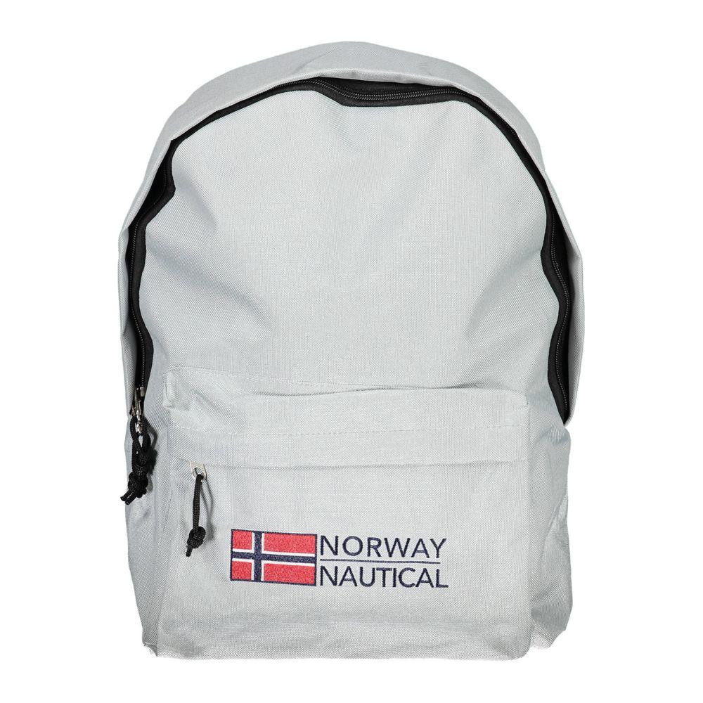 Gray men's backpack with Norway Nautical logo, featuring adjustable straps and exterior pocket for modern style and convenience.