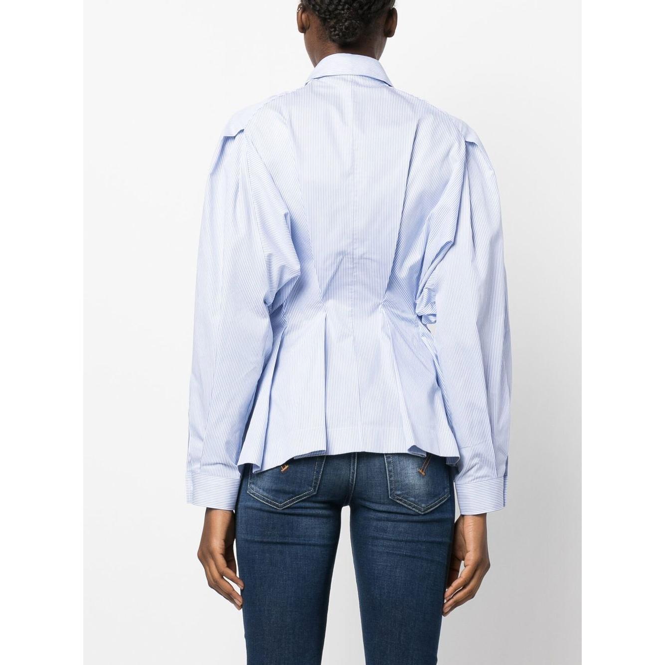 Back view of blue gathered-waist cotton shirt with pleat detailing by Palmer//Harding, classic collar and buttoned cuffs.