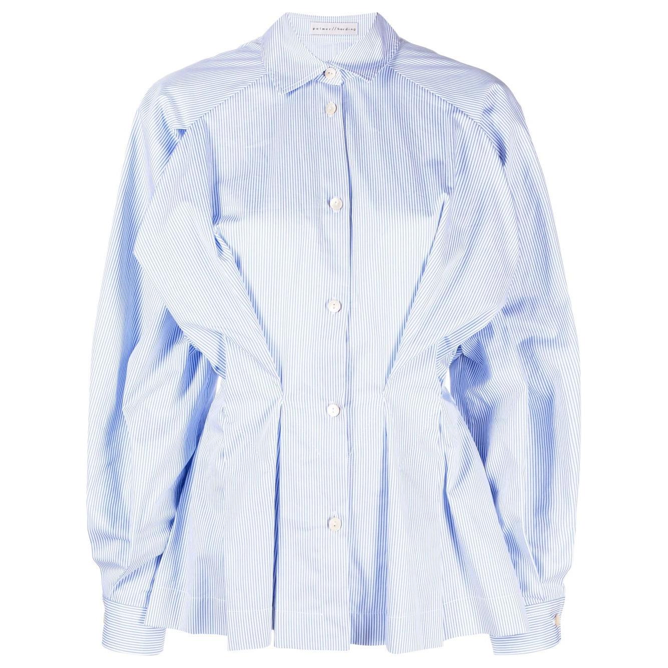 PALMER/HARDING blue gathered-waist cotton shirt with a classic collar and pleat detailing, featuring buttoned cuffs and a straight hem.