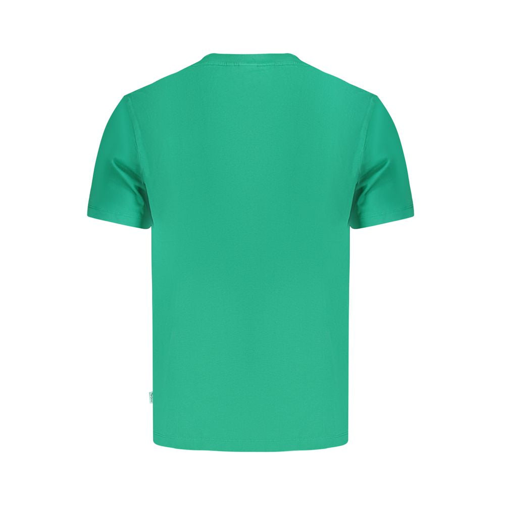 Back view of Pepe Jeans green cotton t-shirt with short sleeves, crew neck, and logo print, made from 100% sustainable cotton.