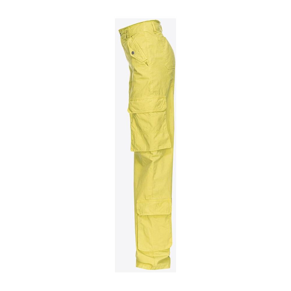 Side view of green PINKO cargo pants made from dyed cotton canvas with multiple pockets and zipper closure.