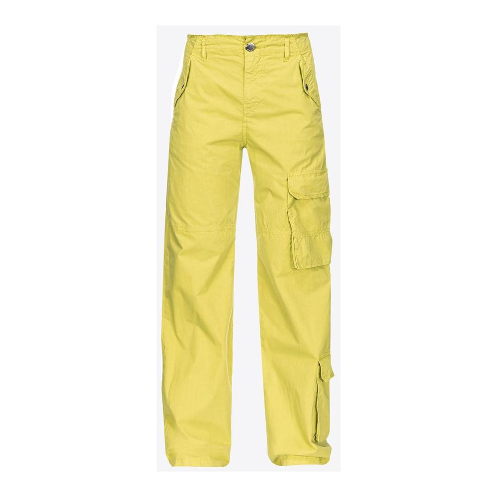 PINKO green cotton cargo pants with 5-pocket design, featuring front and back pockets, button and zipper closure.