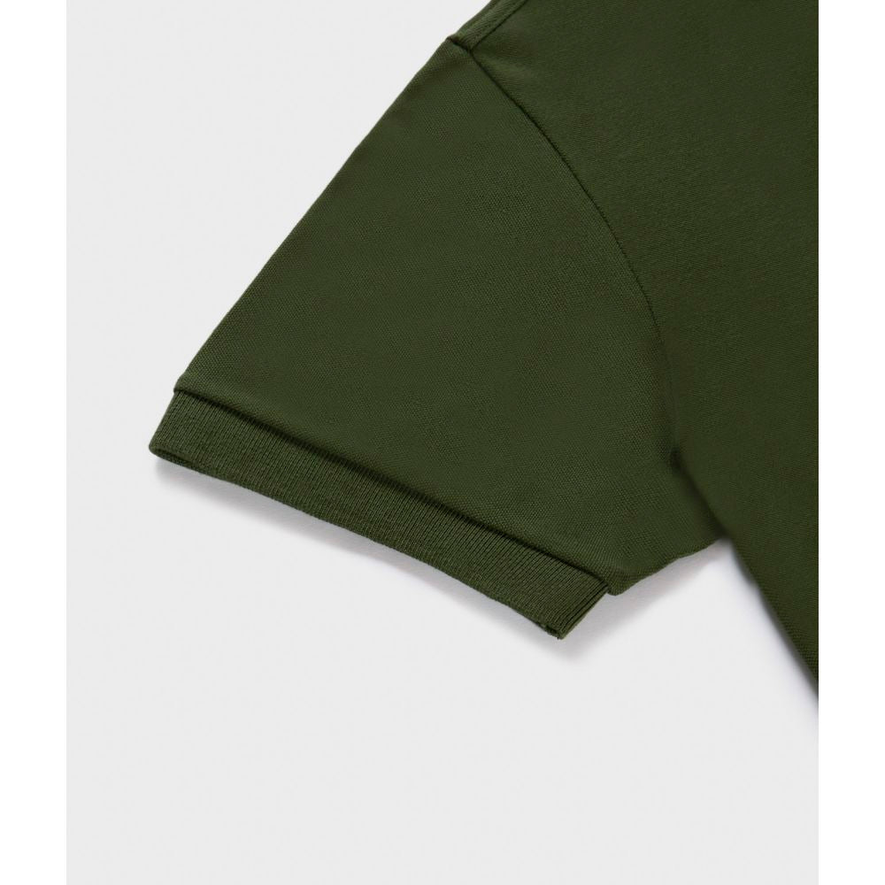 Close-up of Refrigiwear green cotton polo shirt sleeve with elastic cuff.