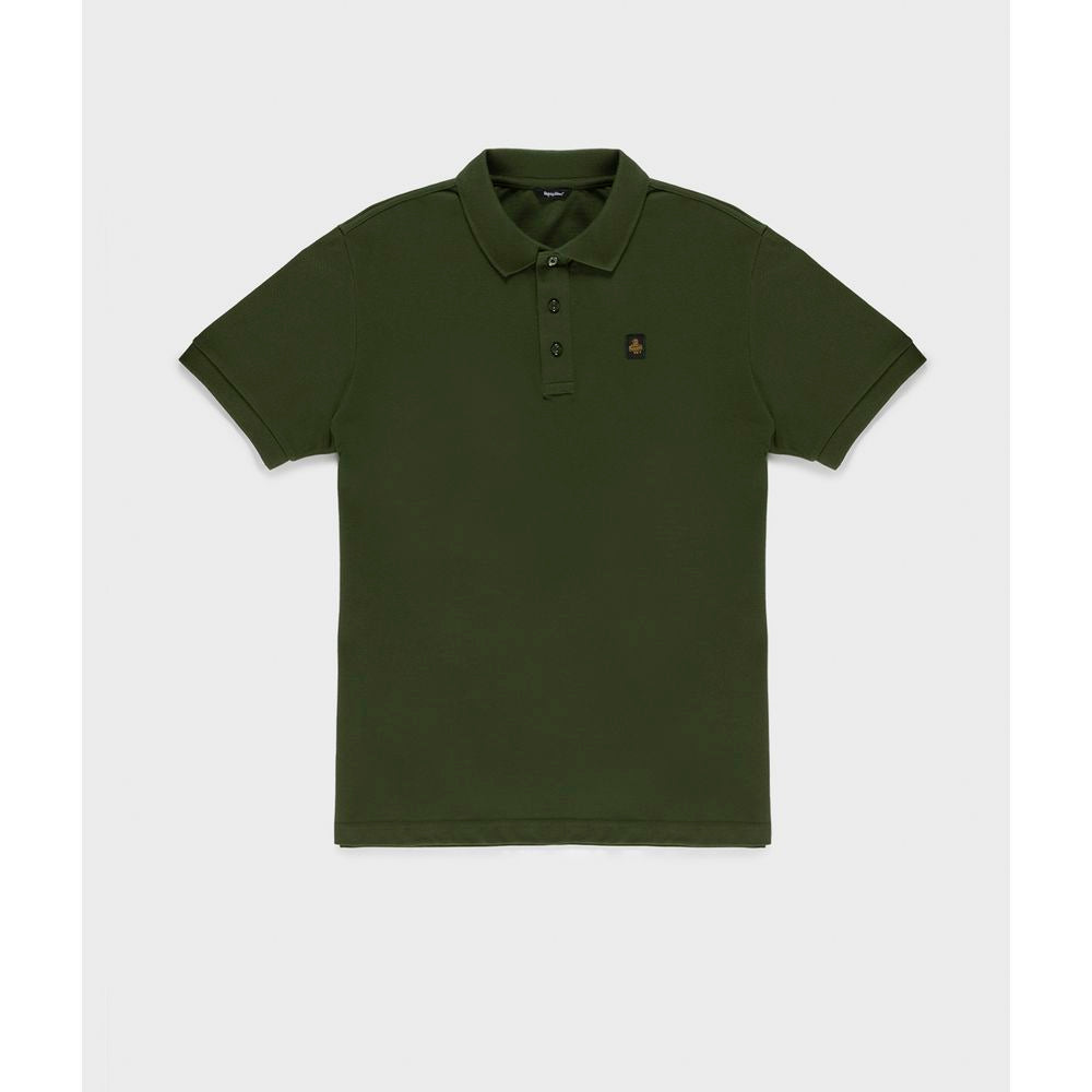 Refrigiwear green cotton polo shirt with elastic sleeves and button-down collar, solid-colored pique fabric.