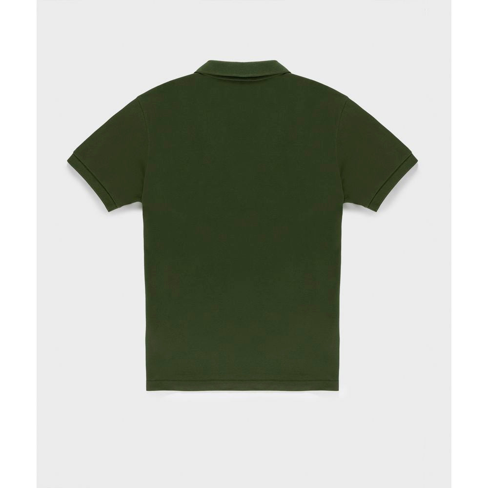 Back view of Refrigiwear green cotton polo shirt with elastic sleeves and button-down collar, solid-colored pique fabric.